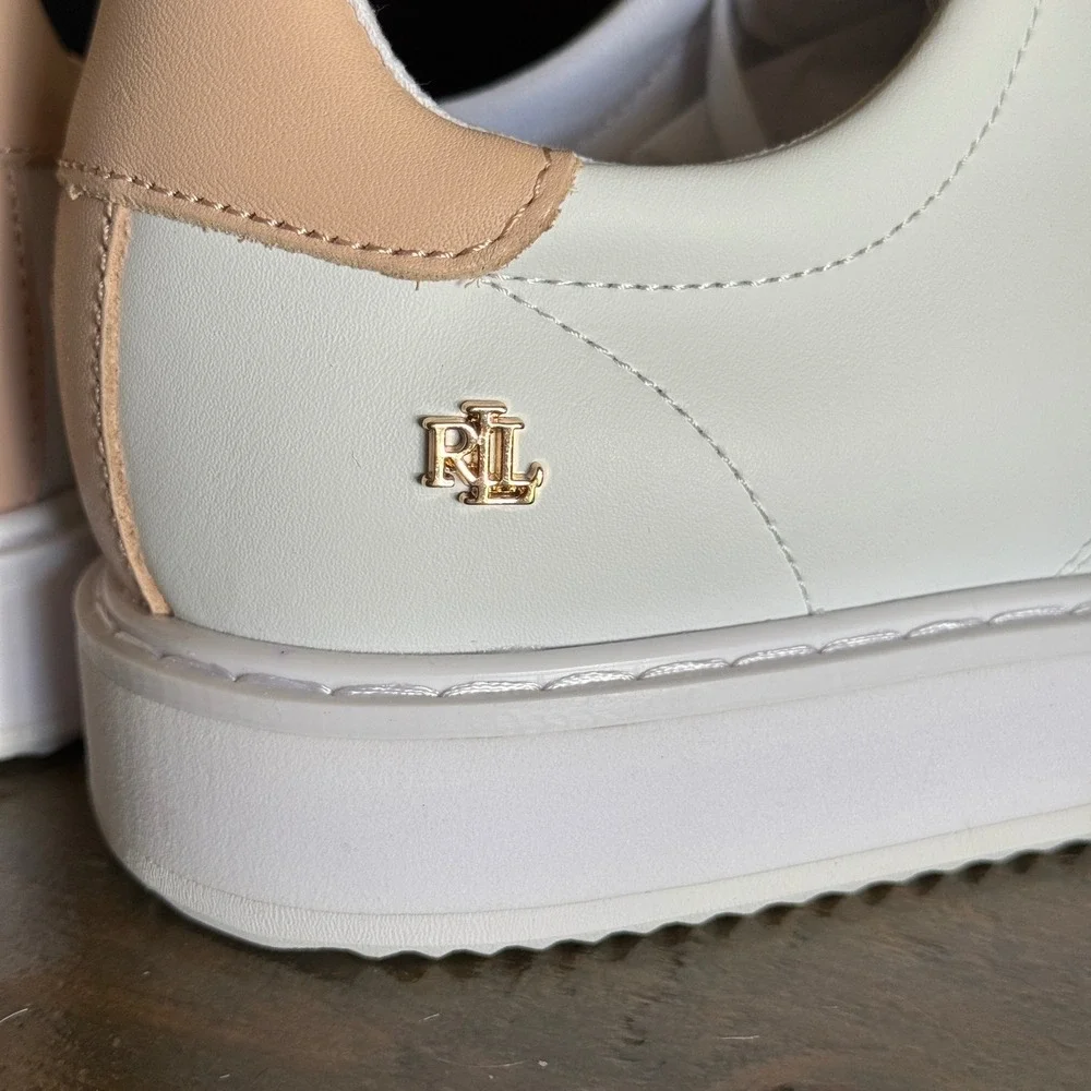 Lauren Ralph Lauren Angeline II Sneakers Womens 10 White Tan Leather Preppy NWB